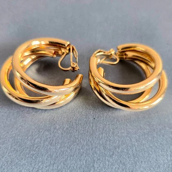 Gold tone large triple loops clip on earrings. - Picture 3 of 4